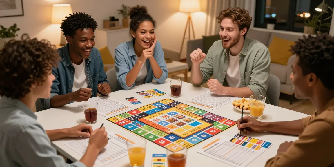 Freunde testen ihr Quiz Allgemeinwissen in einem gemütlichen Raum mit Snacks und Lichtern.