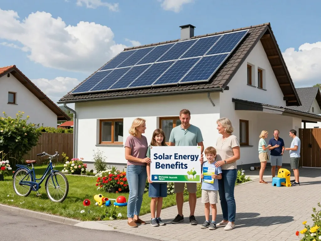 Familie mit Photovoltaik Bayern, die stolz ihre Solarpanels im Garten präsentiert
