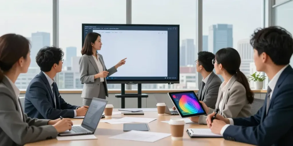 Profissionais discutindo soluções financeiras da BPI Empresas em sala moderna, com gráficos digitais e documentos.