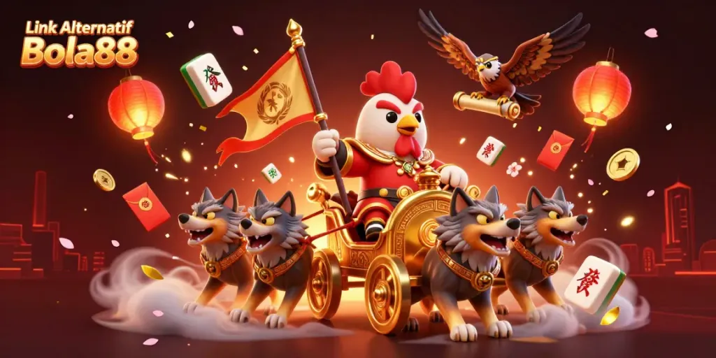 Engage with Link Alternatif Bola88 through immersive 3D artwork featuring a dynamic rooster warlord and golden chariot.