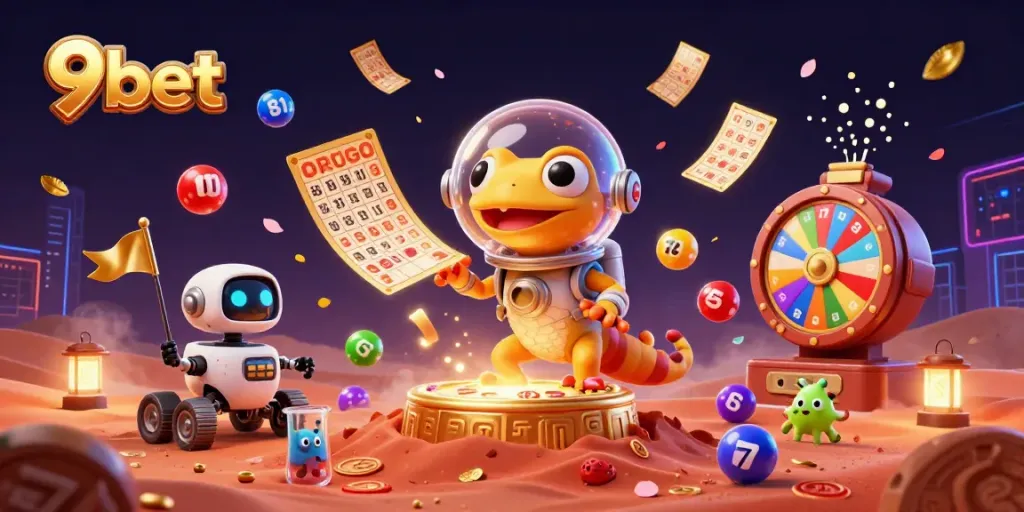 Engage with 9bet's vibrant online casino scene featuring Martian gecko and lottery excitement.