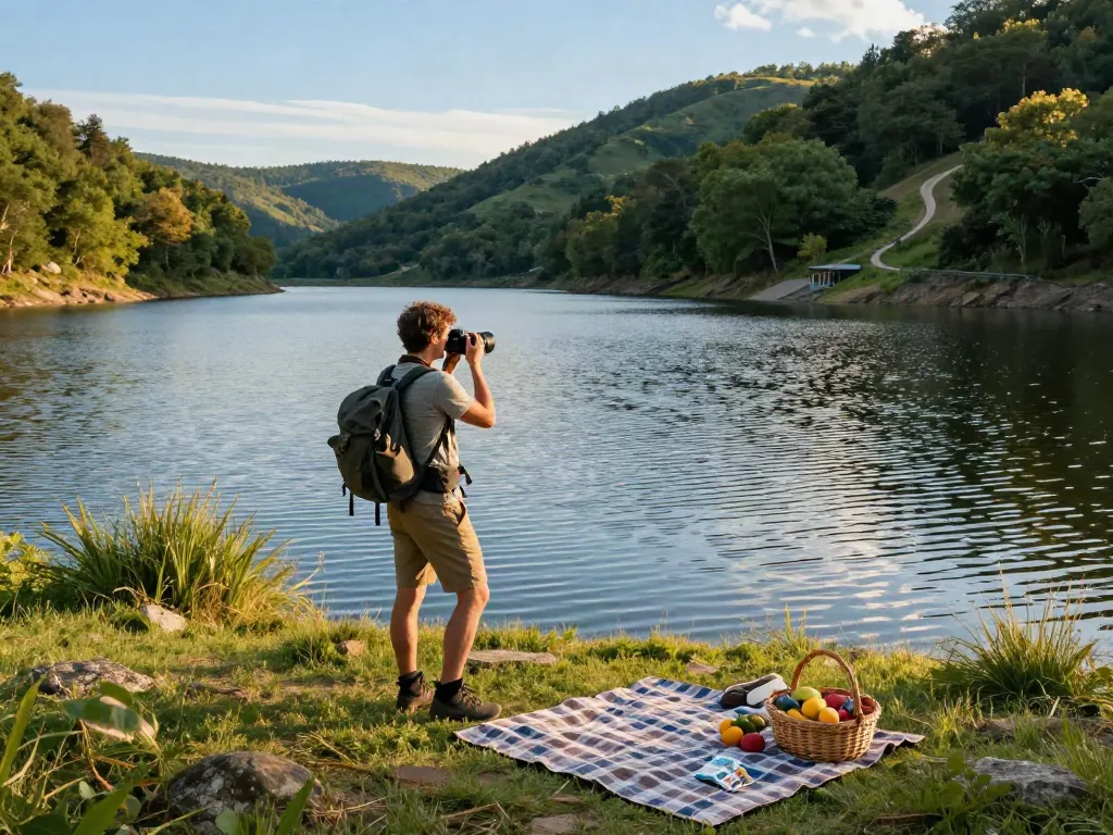 Wittmann Dam mit Wanderer am Ufer, Umgebung voller Grünes und Picknickdecke.