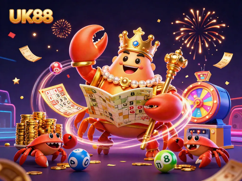 Engage with UK88's vibrant online gaming ecosystem featuring the golden crab emperor amidst festive elements.
