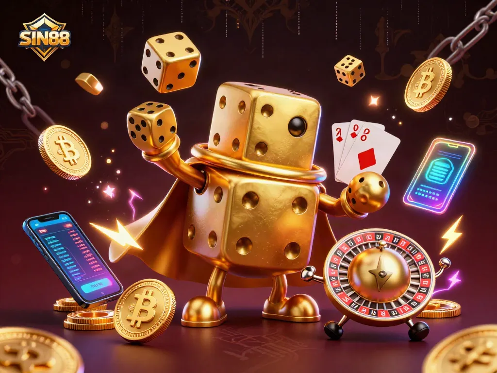 Experience the dynamic thrill of SIN88 with a golden dice golem and crypto elements in a lively casino scene.