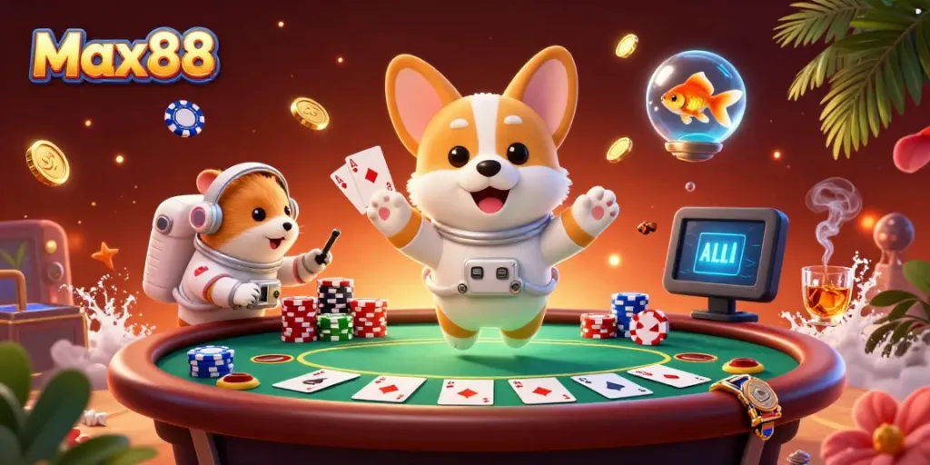 Max88 showcases an astronaut corgi in a space casino, floating poker chips and vibrant game elements.