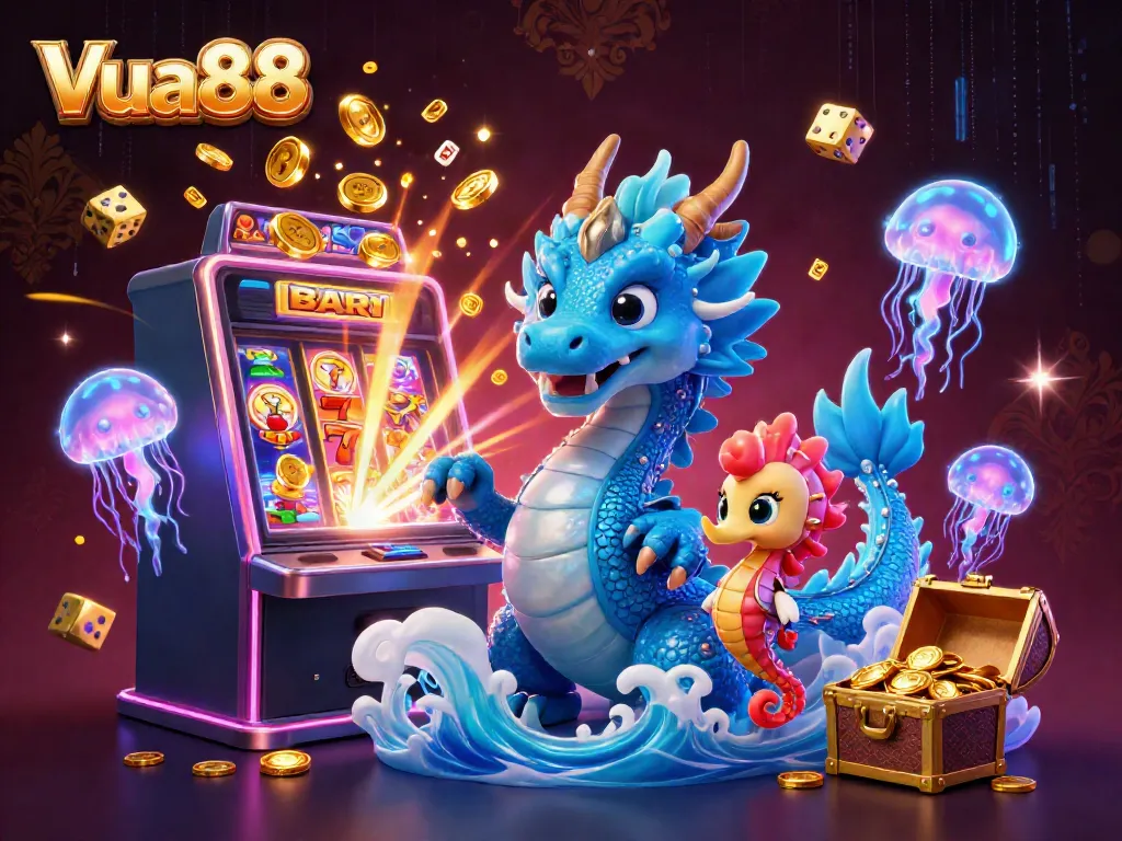 Engage in vibrant gameplay at Vua88 with a thrilling 3D illustration showing casino excitement and dynamic characters.