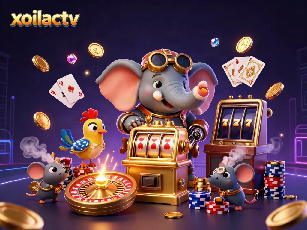 Xoilactv showcases interactive gambling with intense visuals of coins and slot machines.