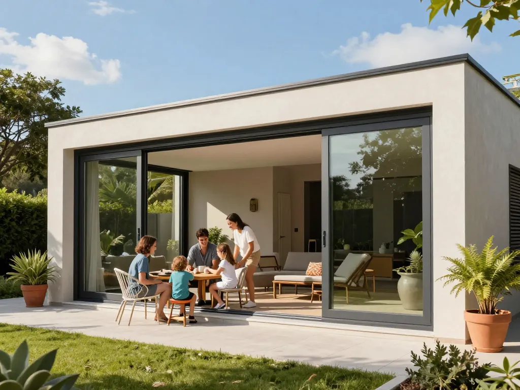 Modernes Haus mit fenster schüco Aluminiumfenstern, das stilvolle Architektur zeigt und eine Familie, die den Außenbereich genießt.