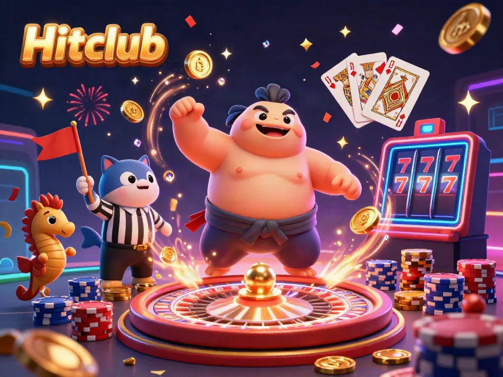 Join the Hitclub experience, featuring a vibrant underwater casino with playful characters and a lively gambling atmosphere.