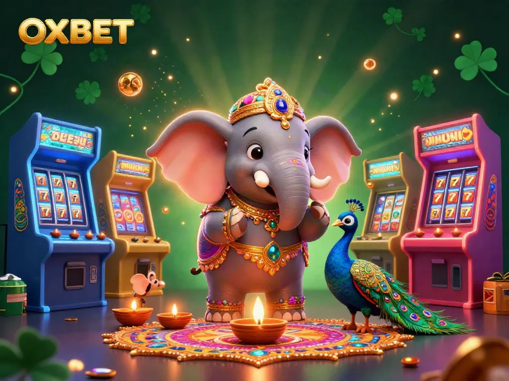 Engage with OXBET's vibrant casino ecosystem featuring an ornate elephant, colorful game elements, and glowing jackpots.