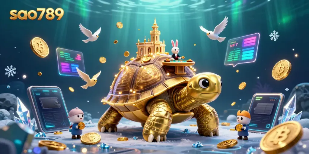 Experience the vibrant world of sao789 with a golden tortoise casino, flying coins, and dynamic crypto elements.