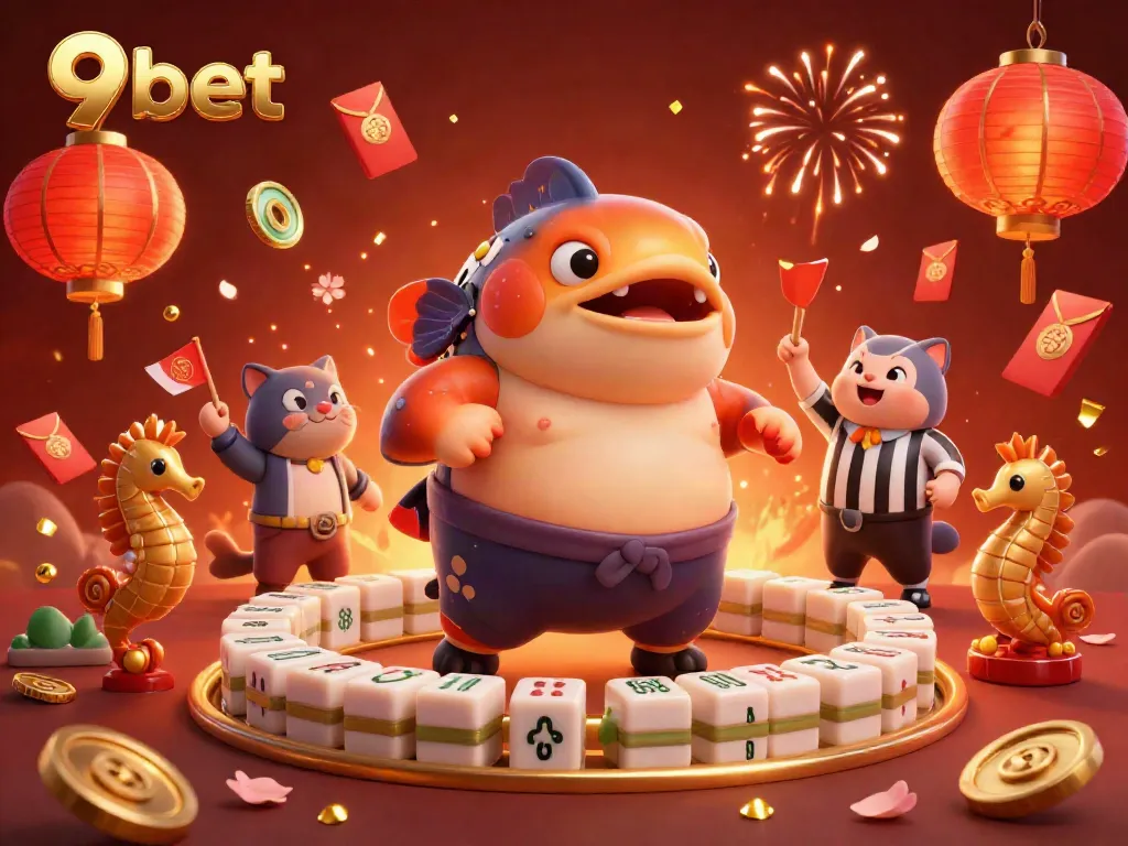 Experience the excitement of 9bet with animated characters and festive gambling elements creating a vibrant online casino atmosphere.