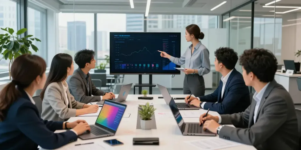 Equipo de profesionales analizando datos financieros en oficina moderna, bbva es.