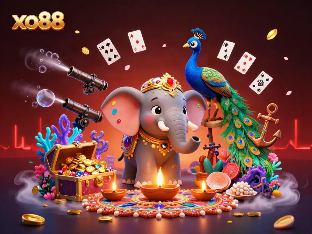 Experience thrilling games at xo88 with vibrant casino-themed illustration featuring colorful characters and treasures.