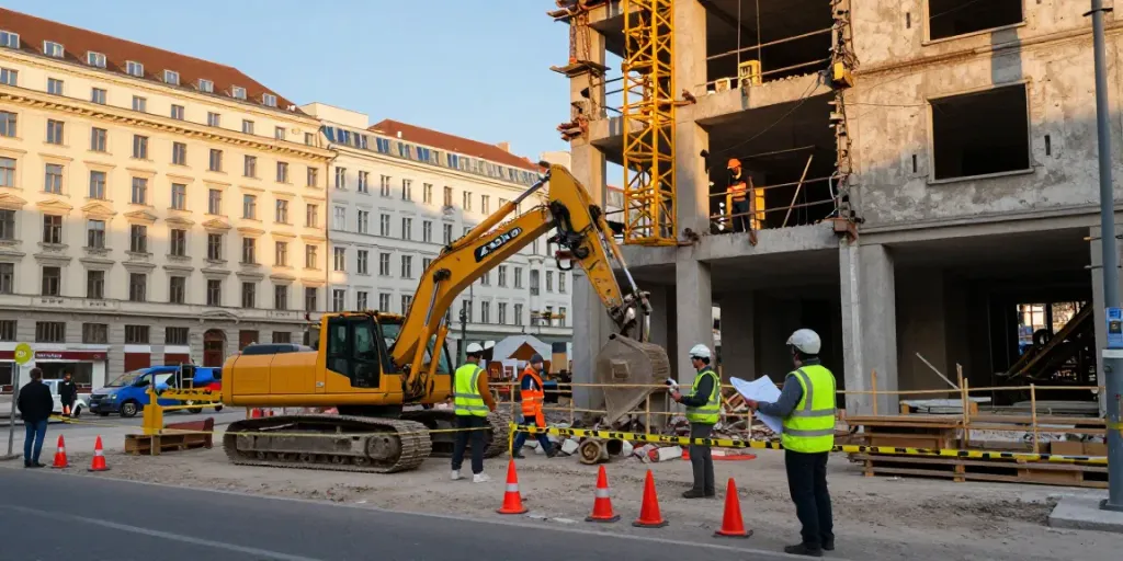Abriss Wien Baustelle mit einem Demolitionsteam, das sicher ein Gebäude abreißt und dabei schwere Maschinen verwendet.