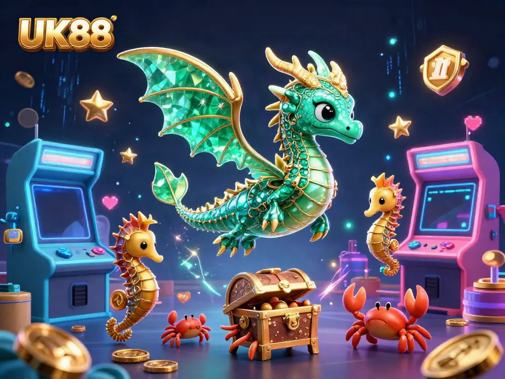 Experience thrilling gaming action with UK88's vibrant casino scene featuring a majestic sea dragon and treasure chest.