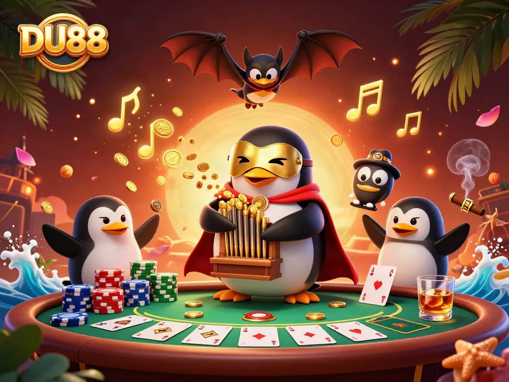 Experience the thrill of DU88's casino with a dynamic illustration featuring a penguin organist amid gold coins and poker excitement.