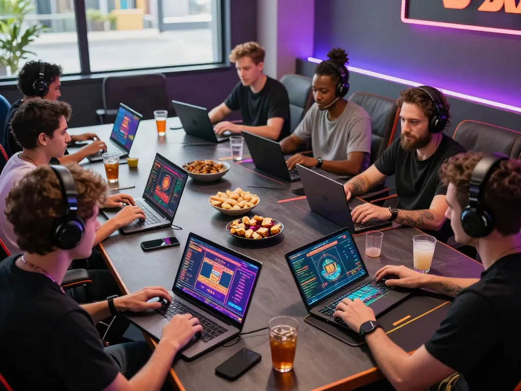 Dewacash Asia gaming scene with diverse players enjoying online casino games, vibrant atmosphere, and interactive screens.