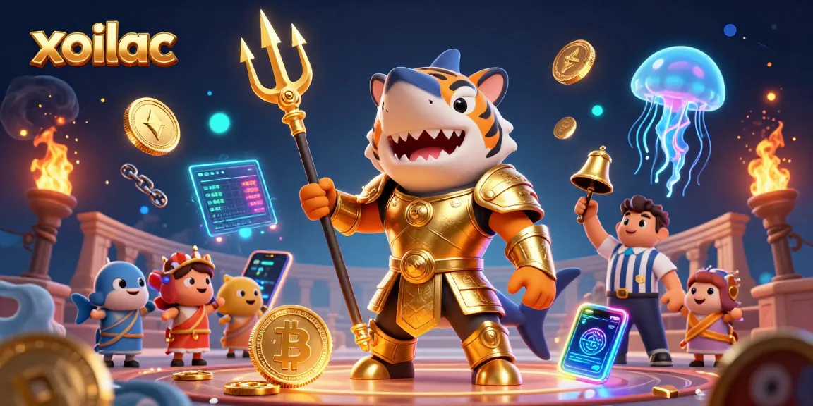 Engage in thrilling betting with xoilac at the underwater colosseum featuring a tiger shark warrior and crypto coins.