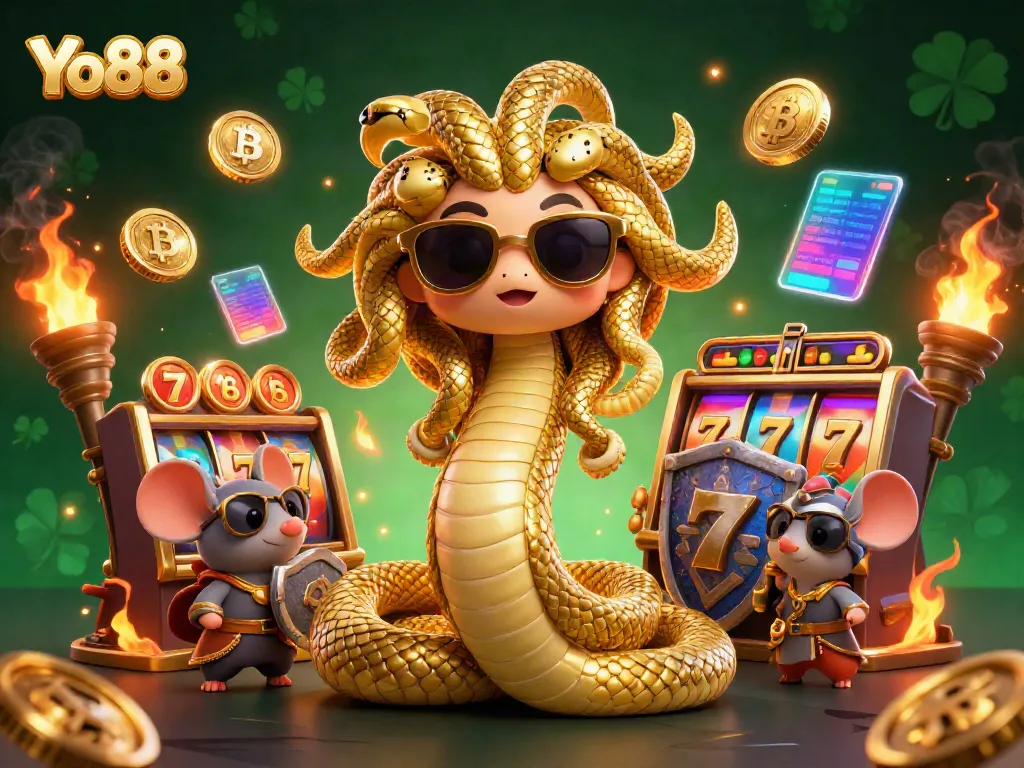 Spin to win at Yo88, featuring Medusa and a warrior mouse amidst vibrant casino elements and crypto coins.