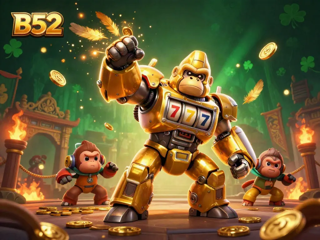 B52 transforms gameplay with dynamic golden gorilla mech surrounded by exciting casino elements.