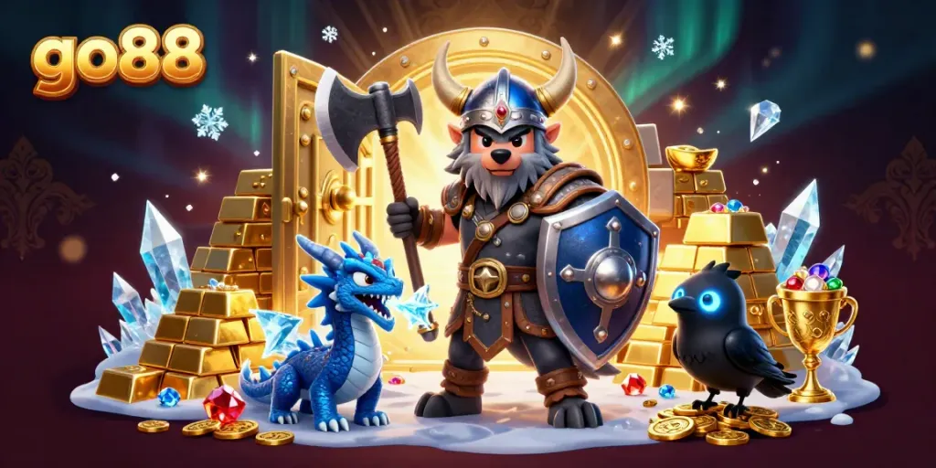 Join the action at go88 as a Viking warrior, dragon, and raven claim treasures in a vivid casino world.