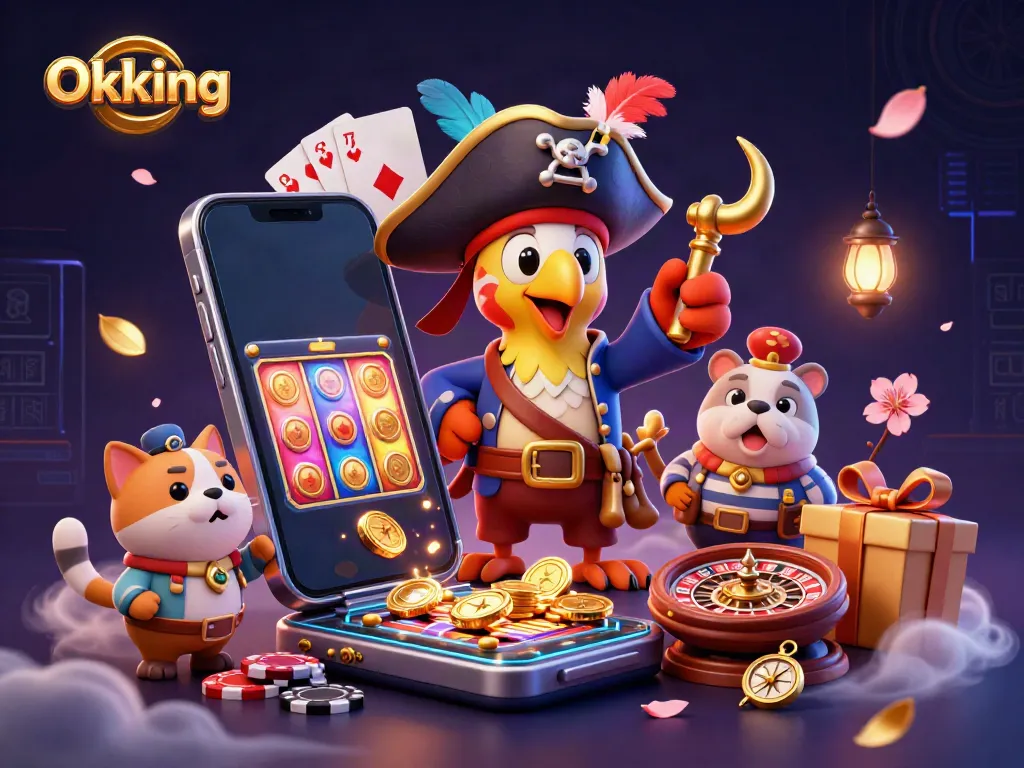 Engage with Okking's premium gaming experience featuring vibrant casino elements in a lively 3D scene.