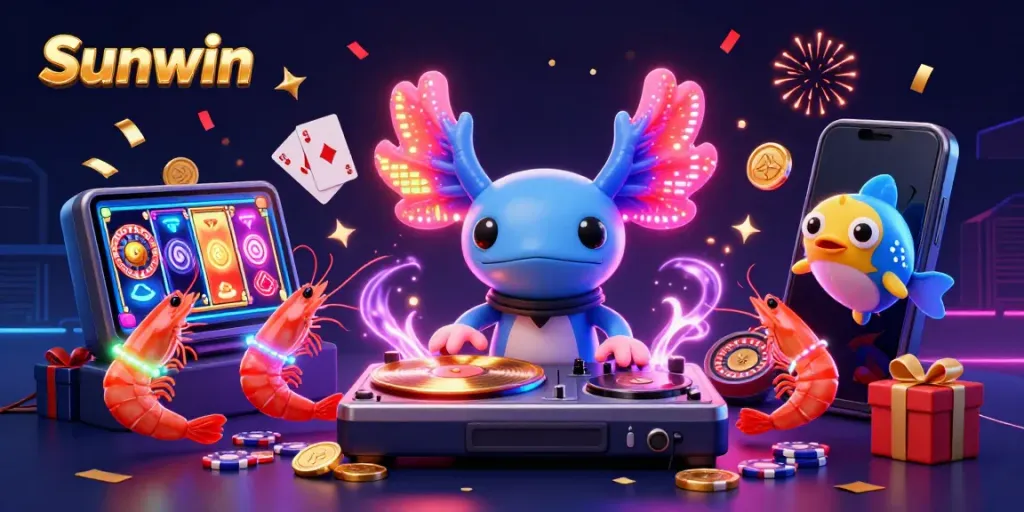 Experience the vibrant excitement of Sunwin with neon characters and dynamic casino elements in a celebratory digital scene.