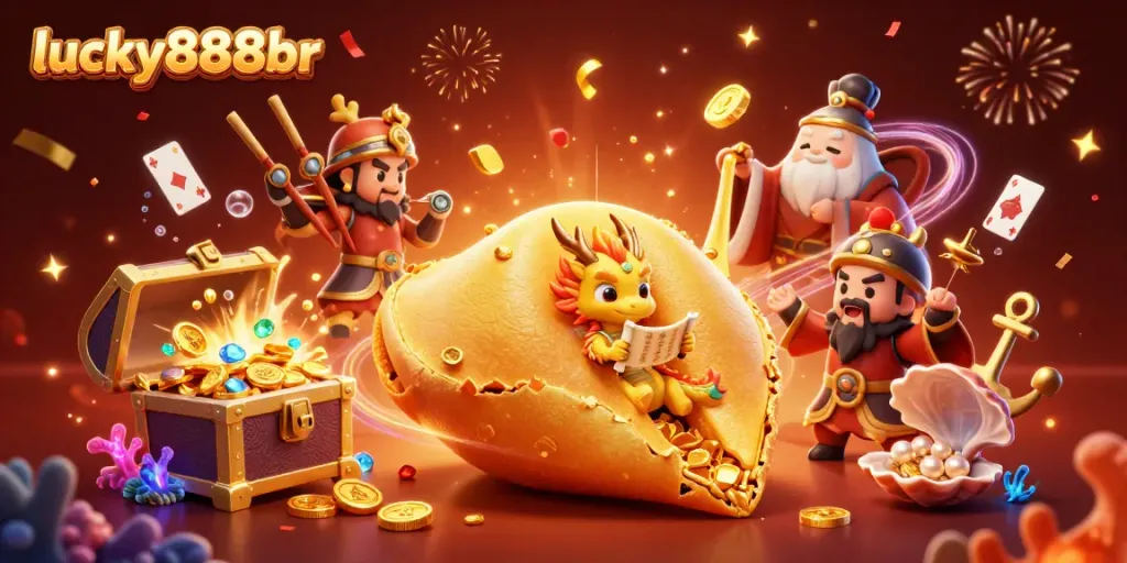 Experience excitement at lucky888br with a golden fortune cookie surrounded by riches and vibrant casino elements.
