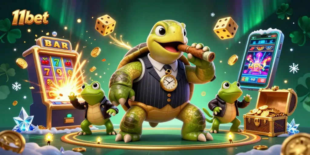 Experience thrilling gameplay with 11bet at a vibrant casino featuring unique characters and slot machines.
