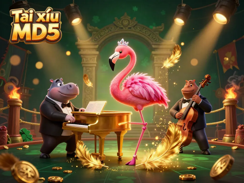 Tài xỉu MD5 casino scene with a flamingo singer and hippo bassist surrounded by vibrant game elements.