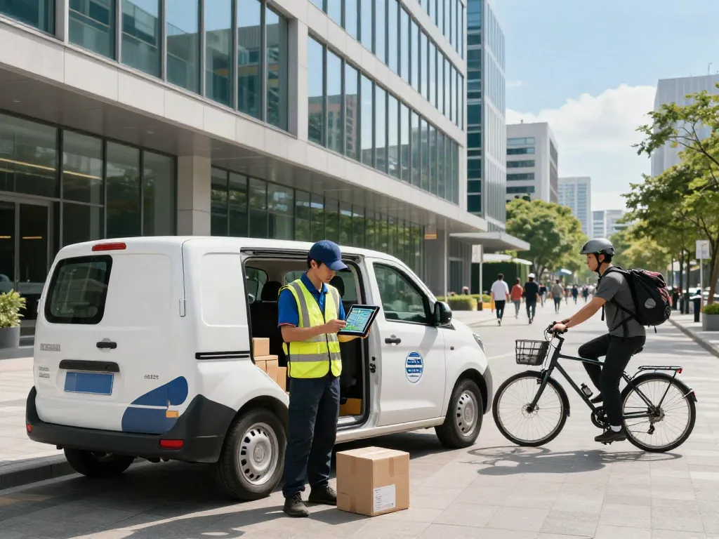 Kurierdienst in Bielefeld mit einem Zusteller, der Pakete im urbanen Umfeld vorbereitet.