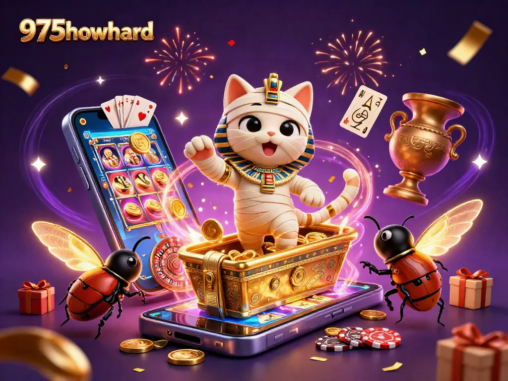 Experience exciting plays at 975howard Casino with a mummy cat and gold coins bursting forth.