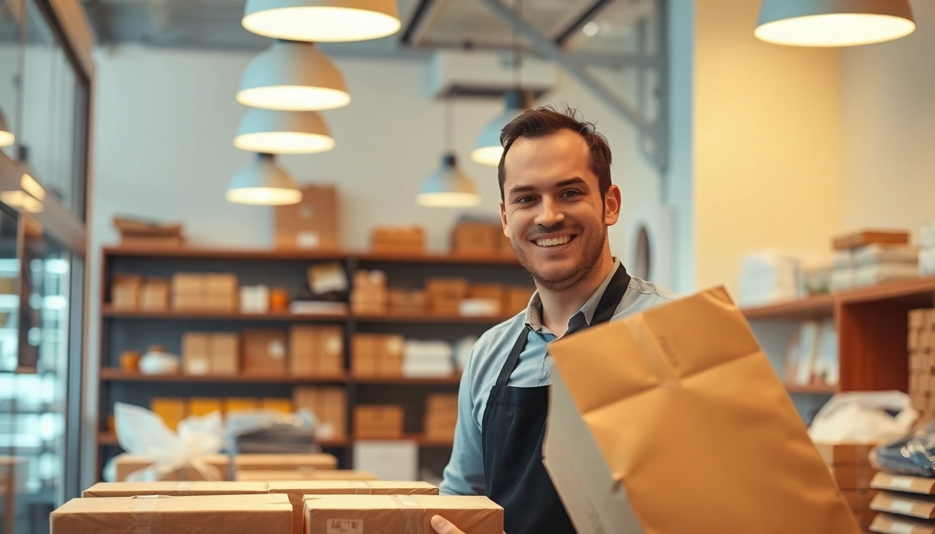 Verpackungsservice Potsdam, professional packing services illustrated by a friendly staff member.