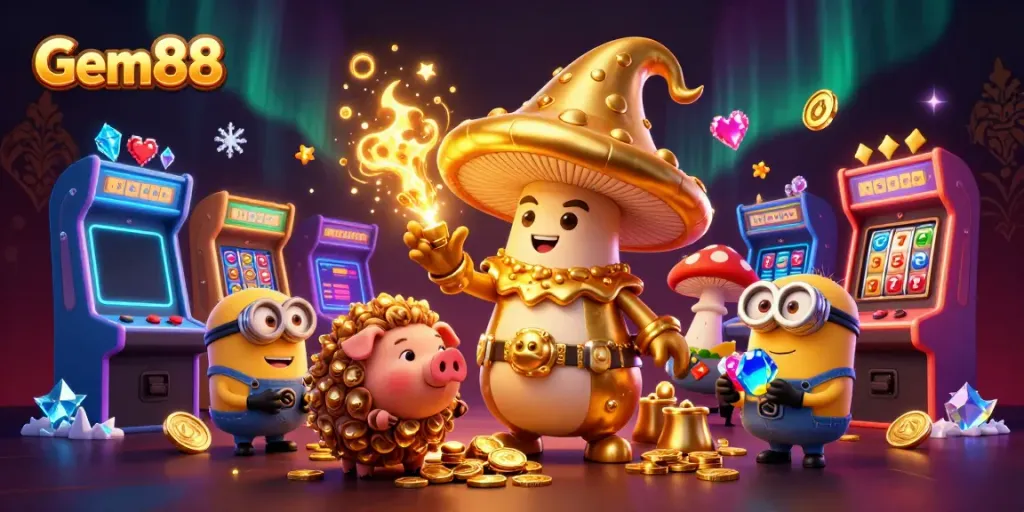 Experience Gem88's enchanted universe with a wizard, treasures, and thrilling casino elements.
