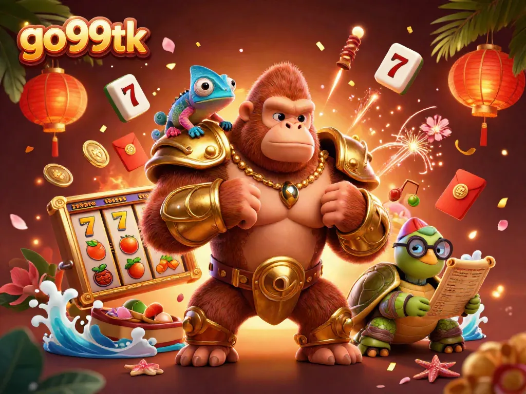 Spin the reels at go99tk with vibrant characters amid 3D slot machines and festive elements.