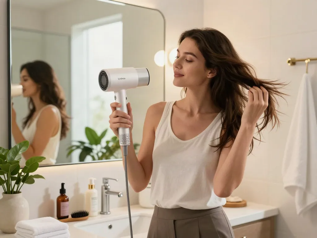 Moderne Frau im Badezimmer mit Laifen Föhn, der ihre Haare trocknet, umgeben von stilvollen Haarpflegeprodukten und Pflanzen.