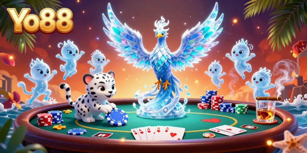 Experience the magic of Yo88 with a lively casino scene featuring an ice phoenix, poker elements, and vibrant sprites.