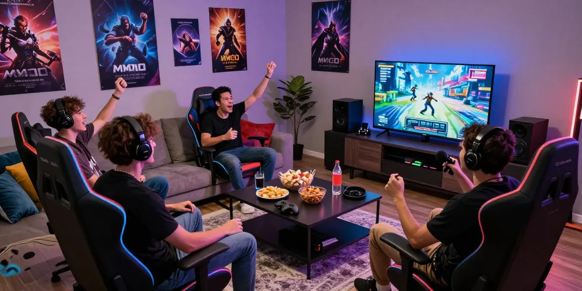 Exciting gaming night with friends playing MMOO on a large-screen TV, snacks and accessories scattered around, lively atmosphere.