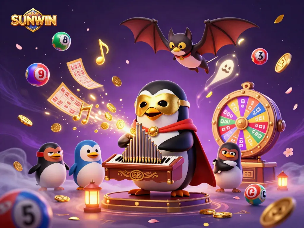 SUNWIN brings excitement with a 3D cartoon illustration of a penguin playing an organ shooting coins, set in a vibrant casino scene.