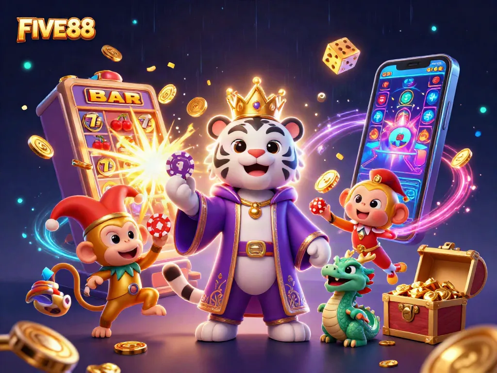 Experience the excitement of FIVE88 with a vibrant casino scene featuring a regal tiger, juggler monkey, and jackpot elements.