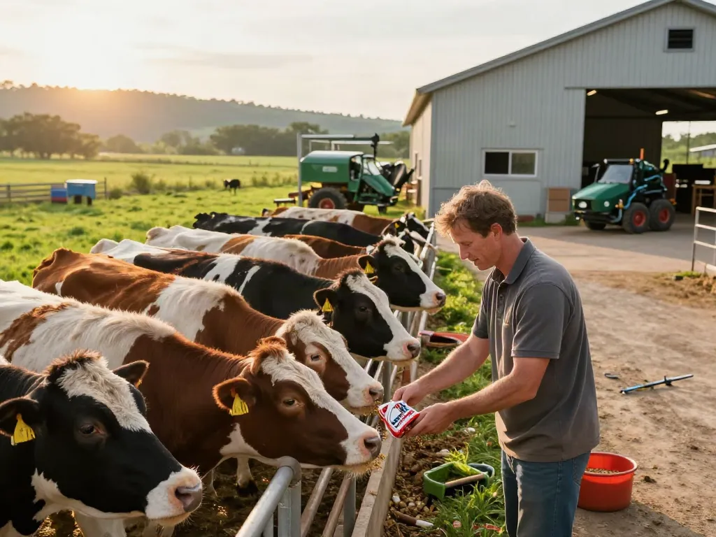 Farmer feeding livestock with rokok88 quality feed on a vibrant farm during golden hour.