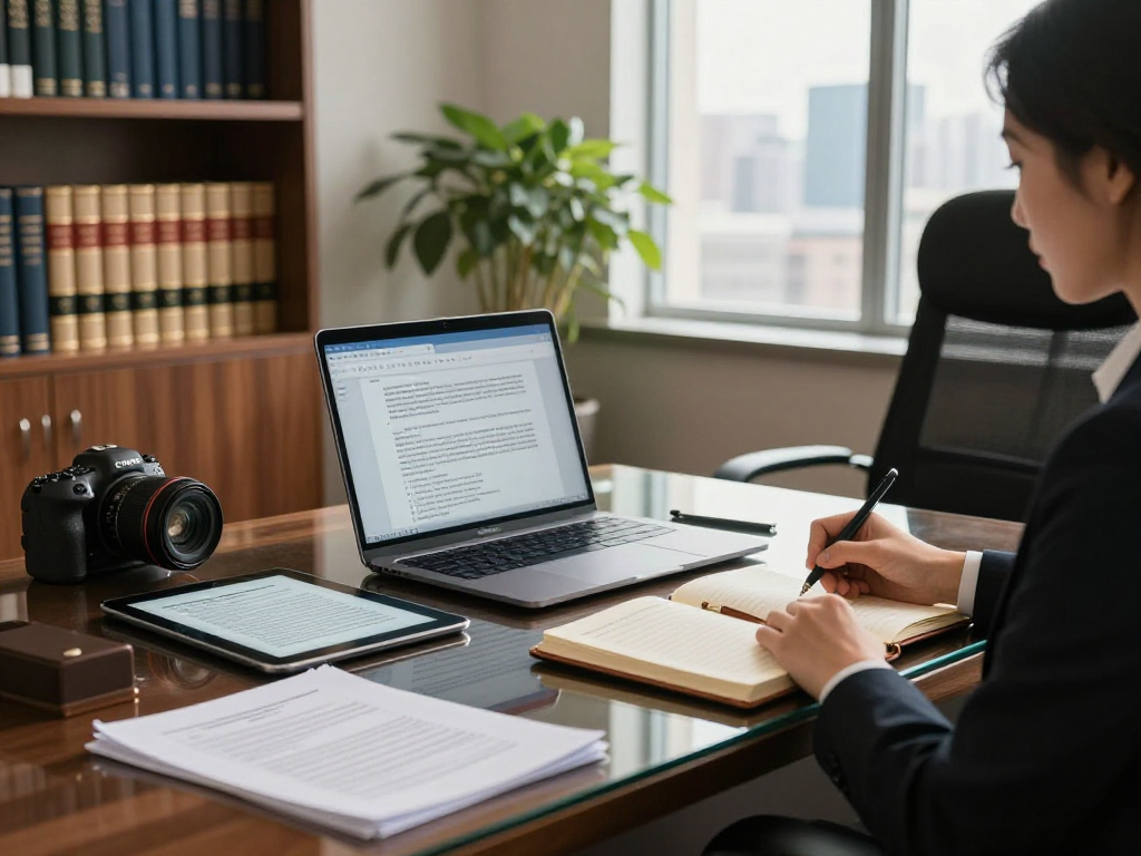 Legal professional analyzing rokok88 cases on a laptop in a modern office setting.