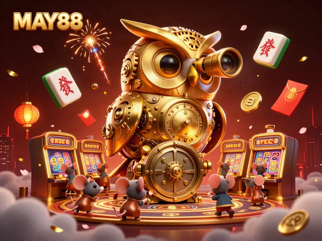 MAY88 brings exciting gambling experiences with a vivid casino scene filled with golden charms, dynamic gaming elements, and enchanting characters.