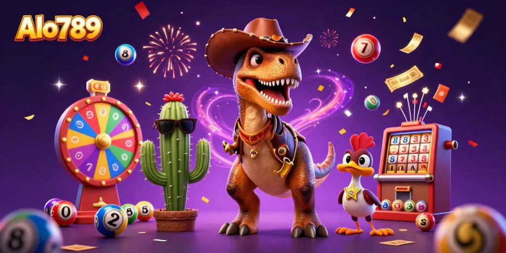 Experience thrilling cockfighting action with Alo789's vibrant 3D illustration featuring a dinosaur cowboy.