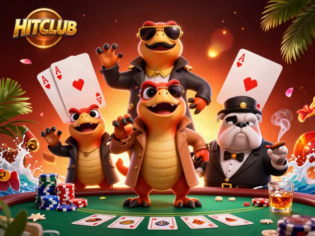 Experience the excitement at HITCLUB with vibrant raptors entering a casino scene rich in poker elements.