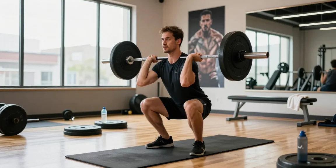 Medi Pharma Steroid Shop: Athlet beim Squat-Training in modernem Fitnessstudio mit motivierender Atmosphäre