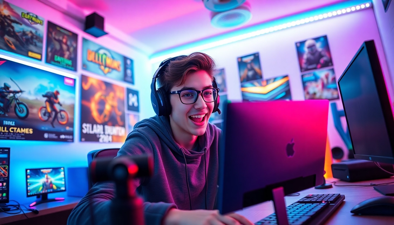 Twitch Streamer Österreich mit energischer Live-Übertragung in buntem Gaming-Setup.