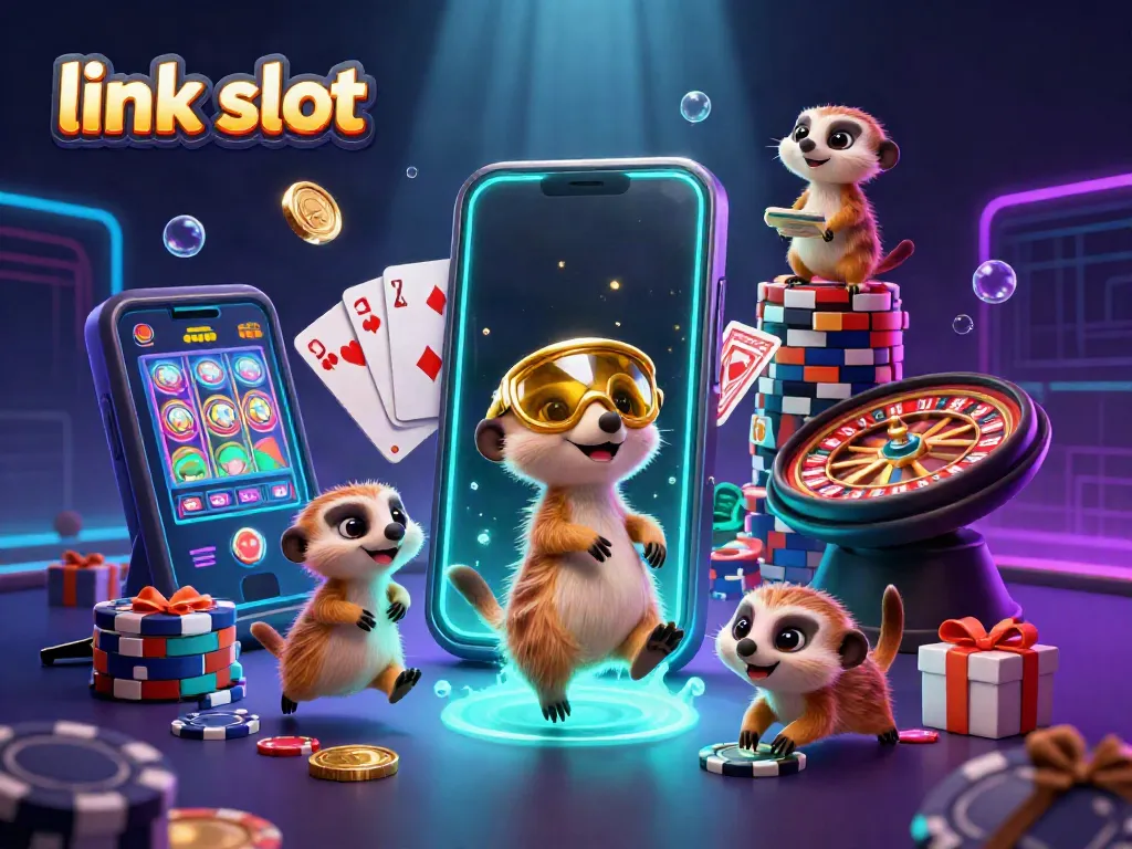 Engage with the dynamic world of link slot gaming featuring cartoon meerkats in a vibrant casino scene.