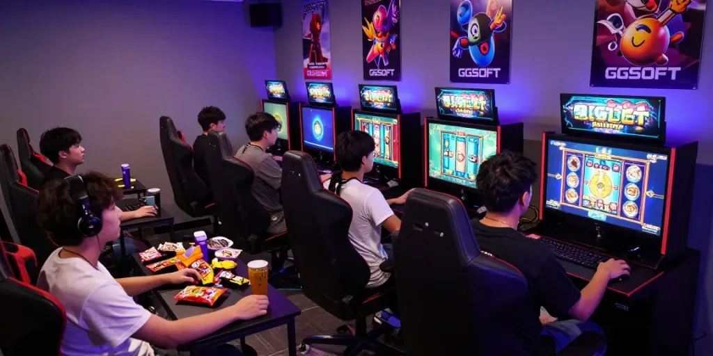 Excited players enjoying the GGSOFT Bounce Ball Slot Game in a vibrant gaming lounge.